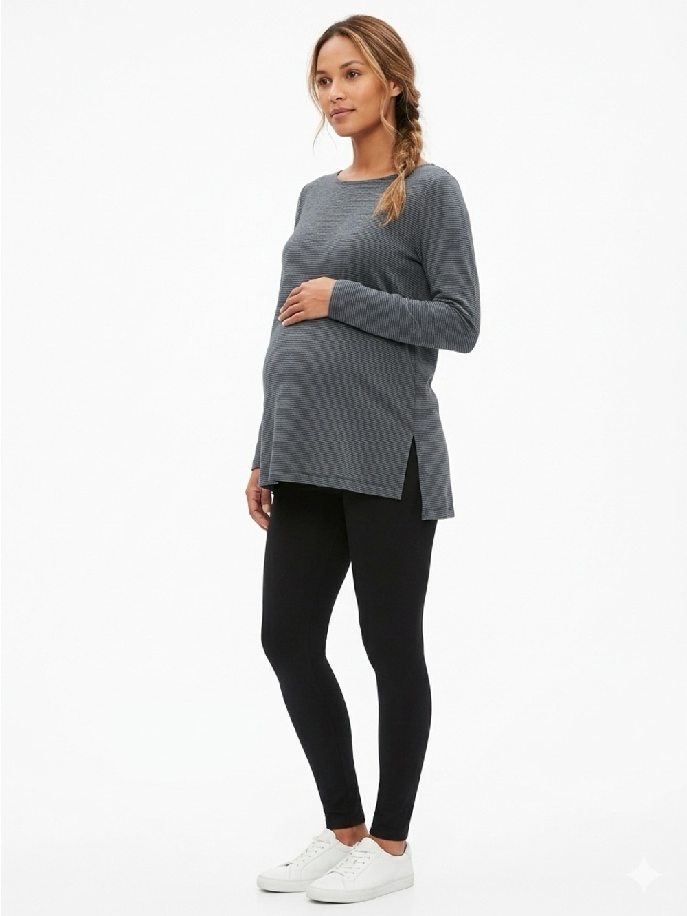 STEENA Maternity 2p Gray Striped L/S Tunic Top Black Leggings Outfit Set S Small